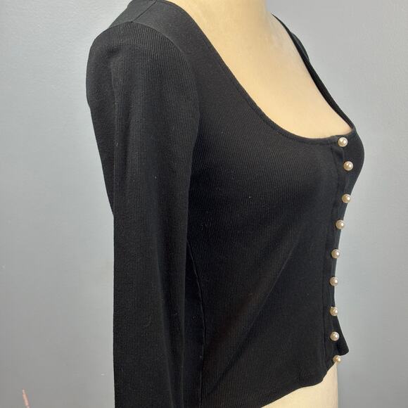 Y2K Forever 21 Black Knit Scoopneck Pearl Button Long Sleeve Medium Whimsigoth - Picture 4 of 7